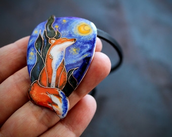 Red Fox Necklace:  Van Gogh Starry Night Inspired Handmade Pendant, Copper and Vitreous Enamel