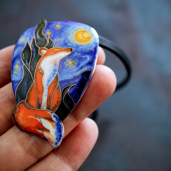 Red Fox-ketting: op Van Gogh-sterrennacht geïnspireerde handgemaakte hanger, koper en geëmailleerd glas