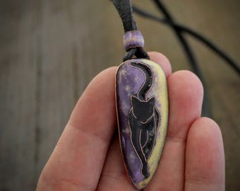 Black Cat Necklace: Witch Cat Pendant, Handmade Copper & Purple Vitreous Enamel Jewelry