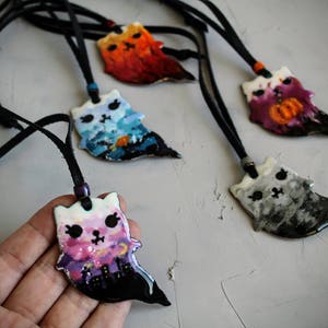Halloween Cat Ghost Necklace: Cat Lover Gift, Handmade Copper & Vitreous Enamel Pendant