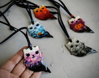 Halloween Cat Ghost Necklace: Cat Lover Gift, Handmade Copper & Vitreous Enamel Pendant