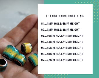 May include: Seven colorful ceramic beads with different sized holes. The beads are yellow, blue, and green with a glossy finish. CHOOSE YOUR HOLE SIZE: #1...4MM HOLE/6MM HEIGHT #2...7MM HOLE/8MM HEIGHT #3...10MM HOLE/11MM HEIGHT #4...12MM HOLE/12MM HEIGHT #5...15MM HOLE/14MM HEIGHT #6...18MM HOLE/15MM HEIGHT #7...22MM HOLE/16MM HEIGHT