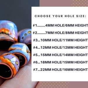 May include: Seven ceramic beads with colorful patterns and different sized holes. The beads are labeled with their hole size and height in millimeters.  #1...4MM HOLE/6MM HEIGHT #2...7MM HOLE/8MM HEIGHT #3...10MM HOLE/11MM HEIGHT #4...12MM HOLE/12MM HEIGHT #5...15MM HOLE/14MM HEIGHT #6...18MM HOLE/15MM HEIGHT #7...22MM HOLE/16MM HEIGHT