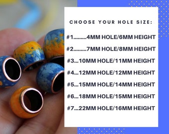 May include: A close-up of seven colorful ceramic beads with different sized holes. The beads are in a hand and the text "CHOOSE YOUR HOLE SIZE:" is listed with seven options for hole size and height in millimeters.