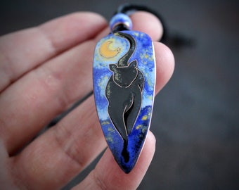 Black Cat Necklace: Van Gogh Starry Night Inspired Handmade Pendant, Copper and Vitreous Enamel