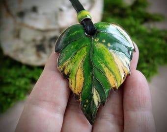 Fall Birch Leaf Necklace: Rustic Forest Pendant, Copper & Vitreous Enamel Jewelry