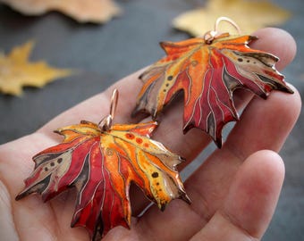 Fall Maple Leaf Earrings, Necklace: Canada symbol, Handmade Copper & Red Vitreous Enamel Autumn Jewelry