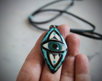 Evil Eye Necklace: Protection Pendant, Handmade Copper & Vitreous Enamel Magic Jewelry