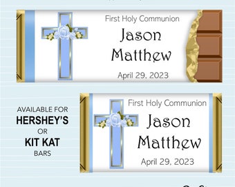 Printed or DIY Boys Blue & Gold Cross First Holy Communion Favors Custom Personalized Candy Bar Wrappers | Kit Kat Hershey's Chocolate Bars