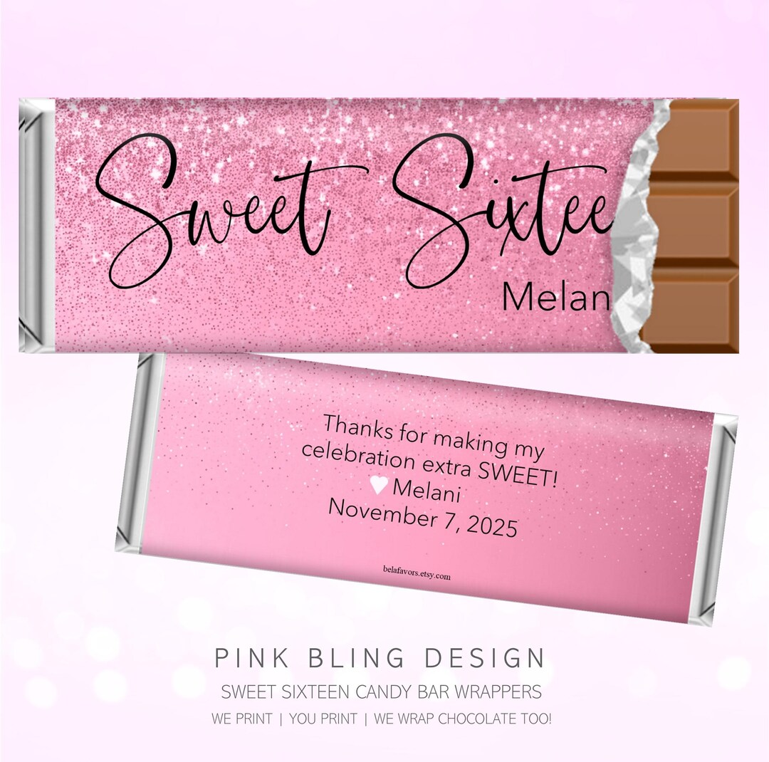 Printed Pink Sweet 16 Candy Wrapper: Personalized Chocolate Party Favor ...