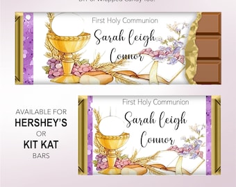 Personalized First Communion Candy Wrappers: Chalice Host Design, Custom Chocolate Bars, DIY or Printed