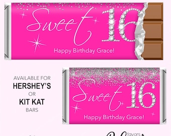 DIY or Printed Candy Wrapper Sweet 16 Hershey Chocolate Kit Kat Bar Custom Personalized Hot Pink Bling Party Favor |  SS75