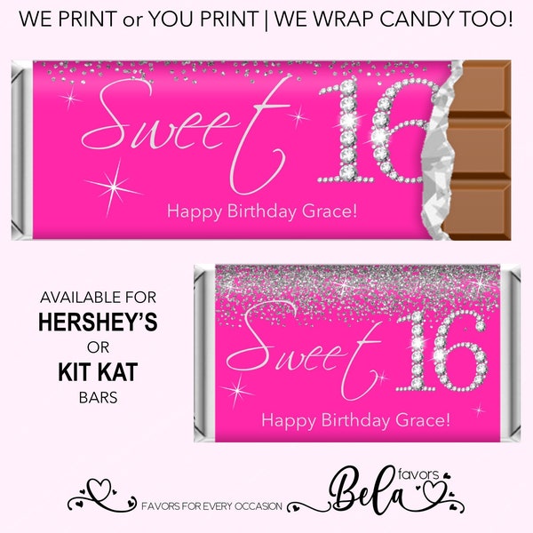 DIY or Printed Candy Wrapper Sweet 16 Hershey Chocolate Kit Kat Bar Custom Personalized Hot Pink Bling Party Favor |  SS75