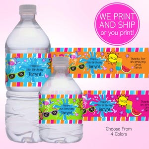 May include: Clear water bottles with custom labels for a party. The labels feature sunglasses, a sun, watermelon, and the text "Happy 11th Birthday Taryn!" in a colorful design. The image also includes the text "We print and ship or you print!"