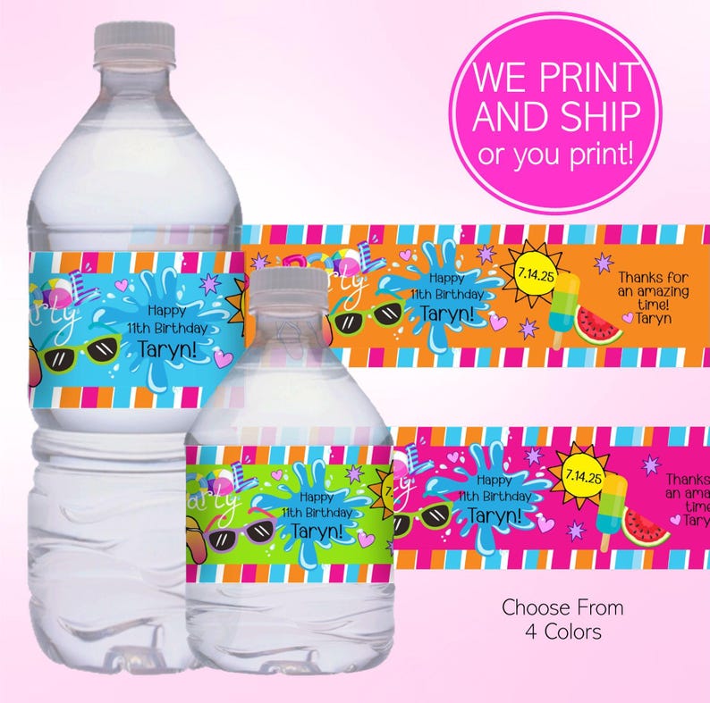 Printed Summer Pool Party Birthday Water Bottle Labels, Any Age Girl's ...