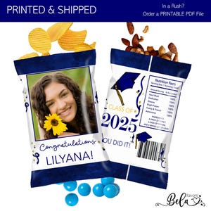 2025 Blue and Gold Custom Graduation Chip Bags | Fill with your favorite Snacks Chips Candy | Graduation Personalized Party Favors