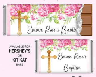 Printed or DIY Candy Wrappers Pink Peonies Floral Christening Baptism Hershey or Kit Kat Bar Personalized Party Favors Custom Chocolate Bar