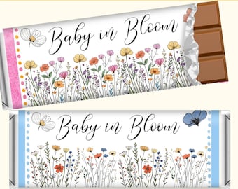 Pink or Blue Baby in Bloom Shower Party Favors | Wildflower Custom Personalized Candy Bar Wrapper | Hershey&#39;s Chocolate Bar | DIY OR PRINTED