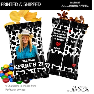 Cowgirl Western Cow Print Custom Chip Bags | ANY AGE | Fill with your favorite Snacks Chips Candy | Personalized Party Favors