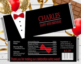 Sophisticated Tuxedo Chocolate Bar Wrappers | Birthday Personalized Custom Candy Wrappers fit the 1.55 oz Hershey's Bar | DIGITAL OR PRINTED