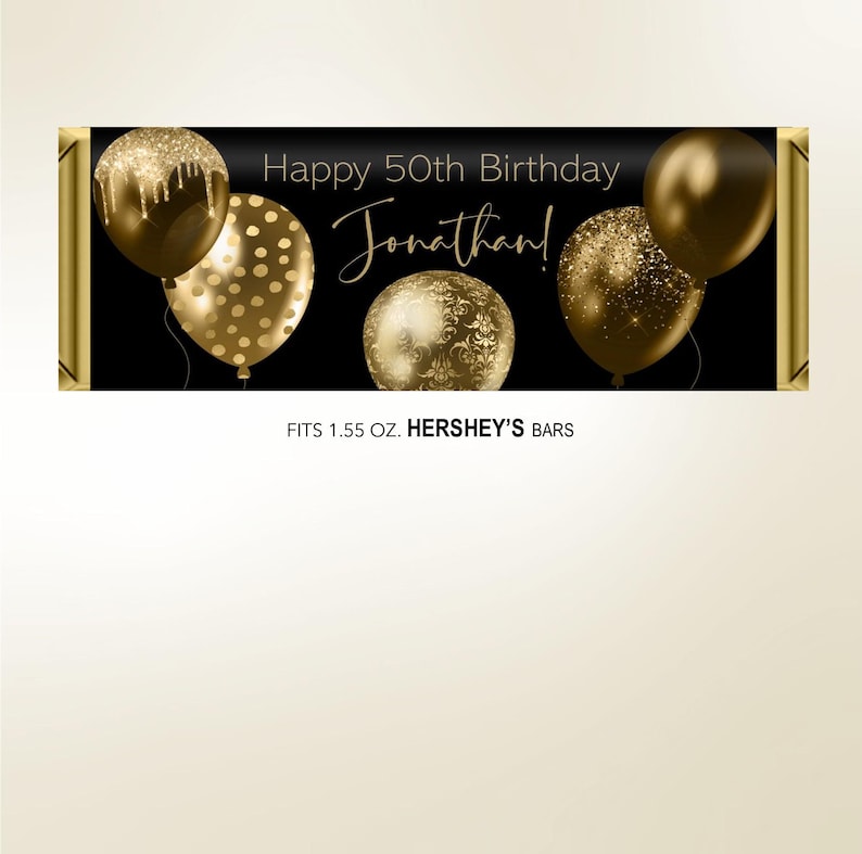 Printed Gold Black Balloons Men's Birthday Candy Bar Wrapper, Hershey's Chocolate, Birthday Ideas, Custom Personalized Giveaway, DIY Too! image 4