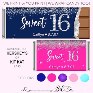 May include: A printable design for candy bar wrappers featuring a pink and blue background with silver glitter and the text "Sweet 16" with a diamond-encrusted number 16. The design also includes the text "Caitlyn 8.7.07". The design is available in five colors: blue, pink, purple, light pink, and turquoise.