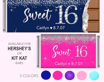DIY or Printed Candy Wrapper Sweet 16 Hershey Chocolate Kit Kat Bar Custom Personalized Sixteen Bling Party Favors |  SS76