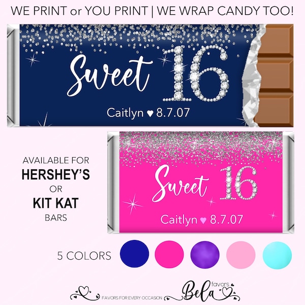 DIY or Printed Candy Wrapper Sweet 16 Hershey Chocolate Kit Kat Bar Custom Personalized Sixteen Bling Party Favors |  SS76