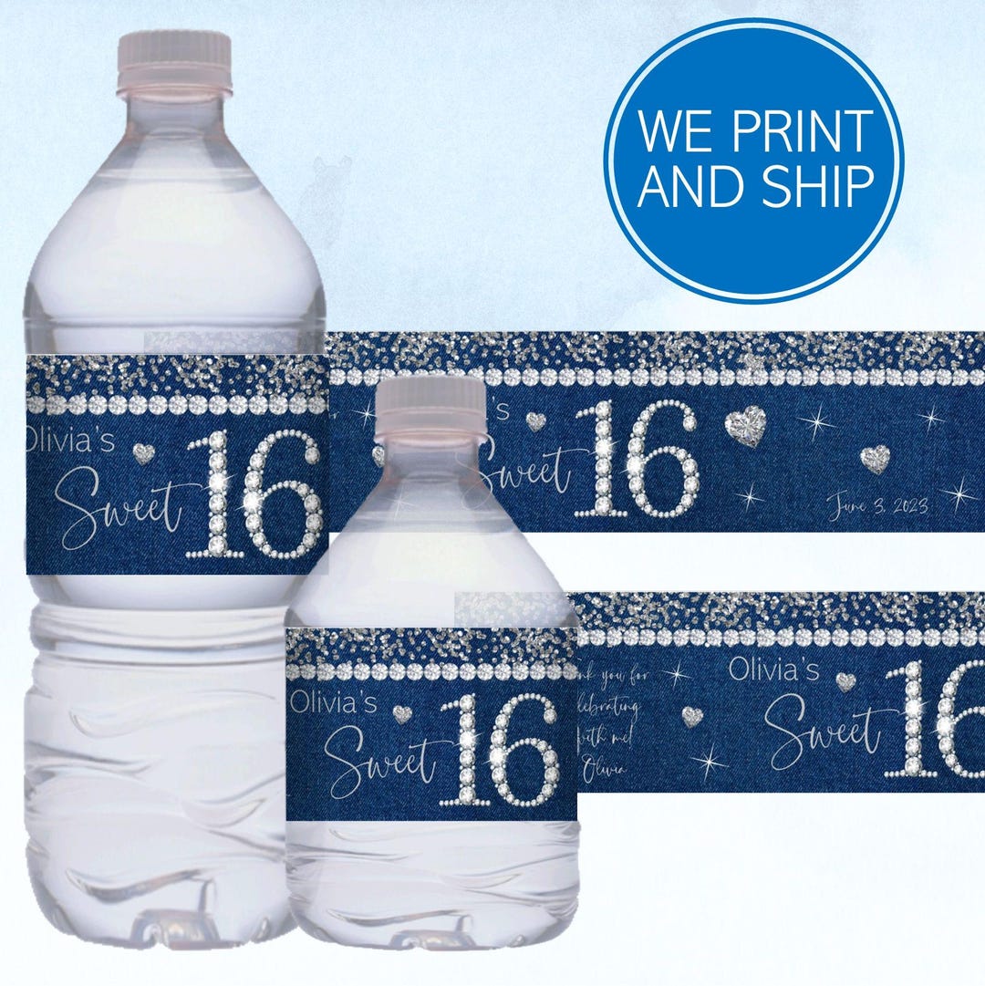 Denim and Diamonds Sweet 16 Birthday Water Bottle Labels | Custom Sweet