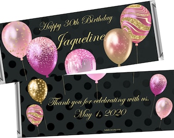 Pink & Gold Balloons Women's Birthday Favors | Personalized Custom Candy Bar Wrappers fit the 1.55 oz Hershey's Bar | DIGITAL OR PRINTED