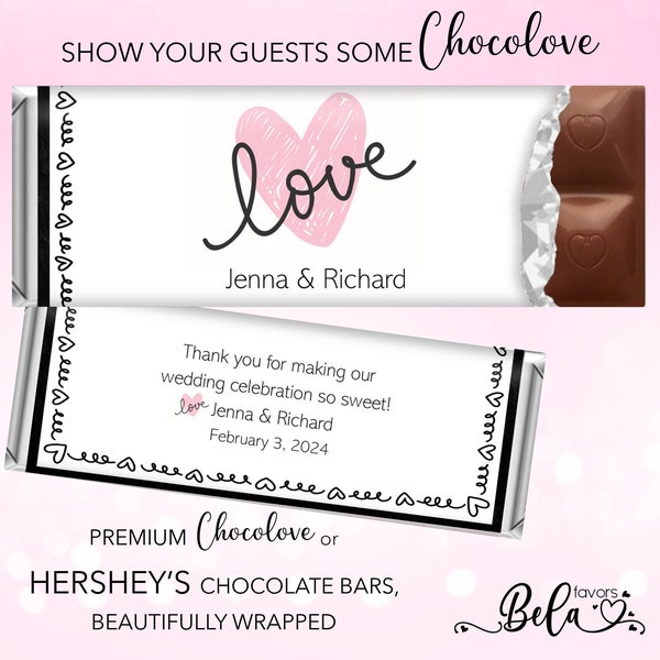 Printed & Wrapped Chocolate Bars Candy Wrappers Love Bridal Shower Wedding Party Favors Personalized Hershey Chocolove | Set of 6 | WED12