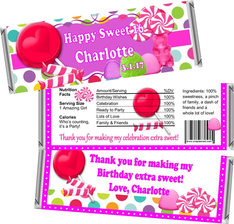 Candy land Sweet 16 Favors ~ Personalized Candy Bar Wrappers fit the 1.55 oz Hershey/'s Bar ~ DIGITAL OR PRINTED