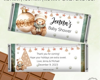 Green Teddy Bear Christmas Baby Shower Party Favors | Custom Personalized Candy Bar Wrappers | 1.55 oz Hershey Cocolate Bar | DIY OR PRINTED