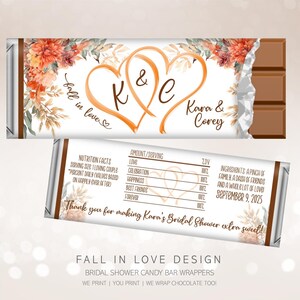 Printed Autumn Fall Candy Wrappers, Elegant Affordable Bridal Shower Wedding Party Favors, Personalized Hershey Lindt Chocolate, (SET of 6)