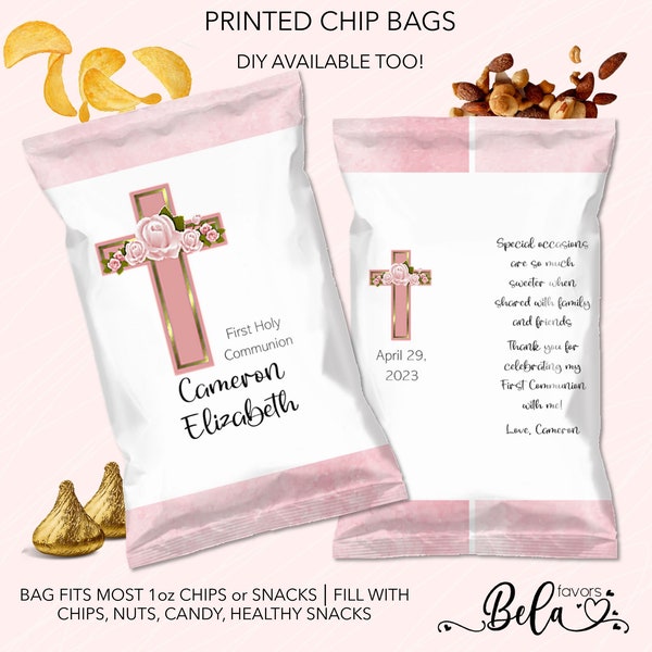 Printed or DIY Pink Gold Cross First Holy Communion Custom Chip Bags Blue Roses Photo Personalized Snack Bags Party Favors | COM13C