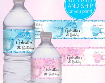 Printed Mermaid Under the Sea Party Girl's Birthday Water Bottle Labels, Girl's Birthday Idea Giveaway, Waterproof Peel & Stick (SET of 10)