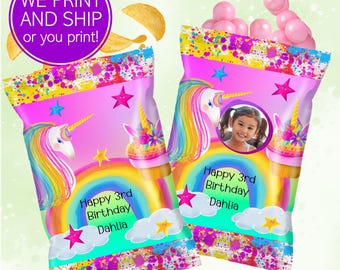 May include: Two pink chip bags with unicorn and rainbow designs. The bags have the text "Happy 3rd Birthday Dahlia". One bag includes a photo of a young girl. The bags are decorated with stars and clouds.