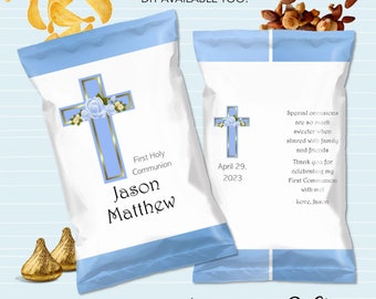 Printed or DIY First Holy Communion Custom Chip Bags Boys Blue and Gold Cross Personalized Snack Bags Party Favors | COM14C