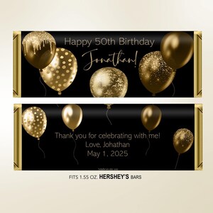 Printed Gold Black Balloons Men's Birthday Candy Bar Wrapper, Hershey's Chocolate, Birthday Ideas, Custom Personalized Giveaway, DIY Too! image 2