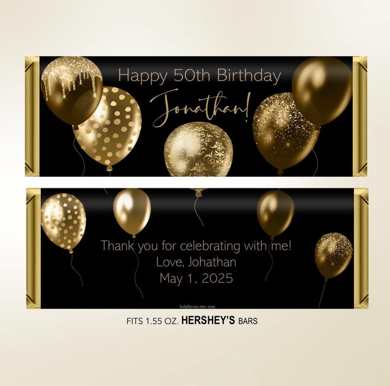 Printed Gold Black Balloons Men's Birthday Candy Bar Wrapper, Hershey's Chocolate, Birthday Ideas, Custom Personalized Giveaway, DIY Too! image 2