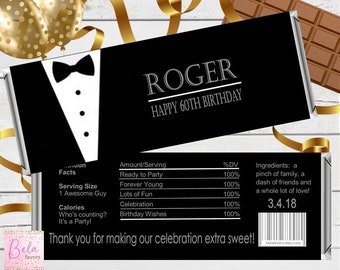 Sophisticated Tuxedo Chocolate Bar Wrappers | Birthday Personalized Custom Candy Wrappers fit the 1.55 oz Hershey's Bar | DIGITAL OR PRINTED