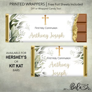 May include: Printable wrappers for Hershey's or Kit Kat chocolate bars. The design features a gold cross, green leaves, and the text "First Holy Communion Anthony Joseph".