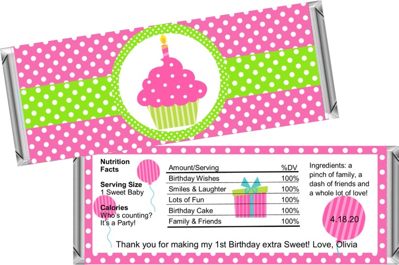 Pink Cupcake 1st Birthday Party Chocolate Bar Favors ~ Personalized Candy Bar Wrappers fit the 1.55 oz Hershey/'s Bar ~ DIGITAL OR PRINTED