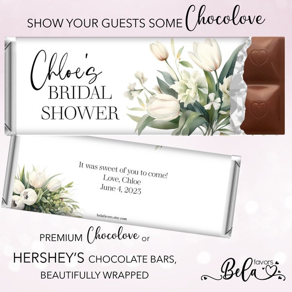 Printed Wrapped Chocolate Bars White Tulips Bridal Shower Wedding Party Favors Personalized Hershey Custom Chocolove | Set of 6 | BS13