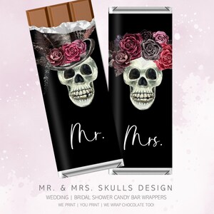 Printed Mr. & Mrs. Skull Halloween Wedding Candy Wrappers, Affordable Bridal Shower Party Favors, Personalized Hershey Lindt | (SET of 6)