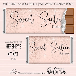 DIY or Printed Candy Wrapper Sweet 16 Hershey Chocolate Kit Kat Bar Custom Personalized Rose Gold Bling Party Favor |  SS74