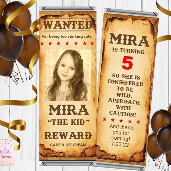 Wanted Poster Western Girl's Birthday Chocolate Bar Wrappers | Personalized Candy Bar Wrappers fit the 1.55 oz Hershey's Bar | PDF OR PRINT