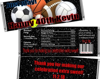 Sports Chocolate Bar Wrappers | Men's Birthday Personalized Custom Candy Wrappers fit the 1.55 oz Hershey's Bar | DIGITAL OR PRINTED