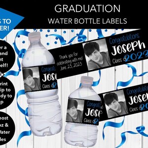 2023 Blue Photo Graduation Water Bottle Labels | Waterproof Labels | Custom Water Bottle Labels | Set of 10 Stickers | PDF or Printed