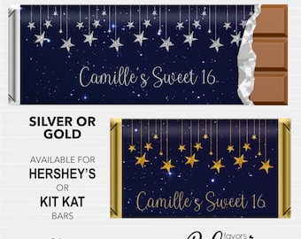 Printed Candy Wrapper Sweet 16 Hershey Chocolate Kit Kat Bar Custom Personalized Starry Night Party Favor Gold Silver |  SS04